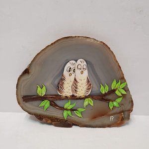 Hand Painted Owls on Agate Slice, Signed Painted Rock Andy Peggy Anderson Studio